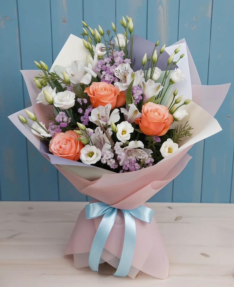 Букет цветов из: Лизиантусы, Розы, Альстромерии и Гипсофила в Вилючинске