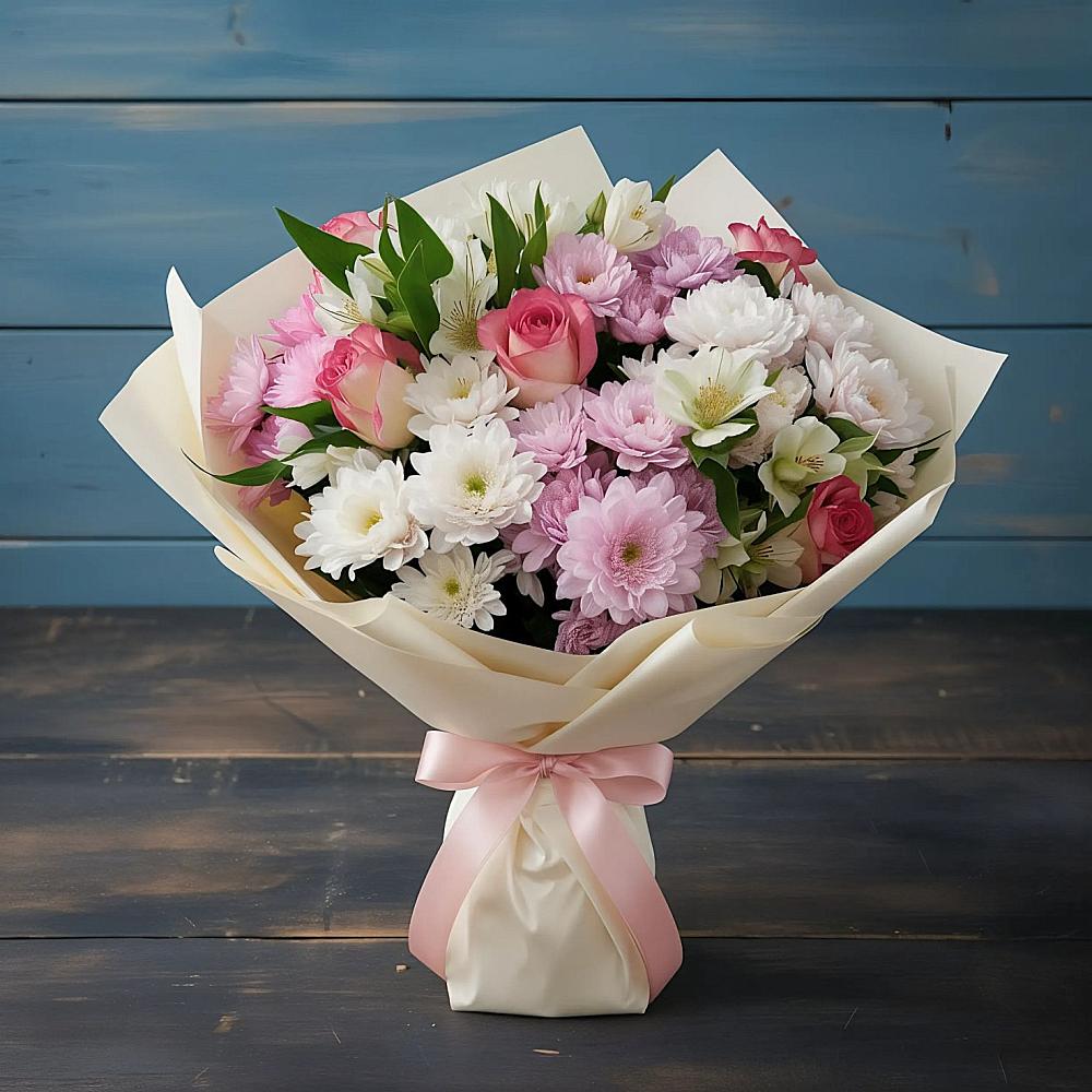 Букет цветов из: Хризантемы, Альстромерии и Розы в Вилючинске